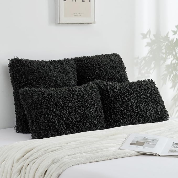 FUTEI Black Decorative Throw Pillow Covers 18x18 Inch Set of 2,Soft Fluffy Faux Wool Fur Boucle Textured Cushion Case,Modern Home Decor for Couch Bed Living Room Office