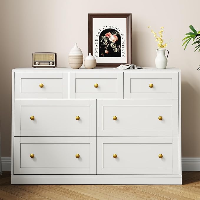 RoyalCraft 7 Drawer Dresser, 47'' Wide Modern Chest of Drawers with Gold Knobs, Wooden TV Stand Storage Organizer for Bedroom, Living Room, Entryway, White