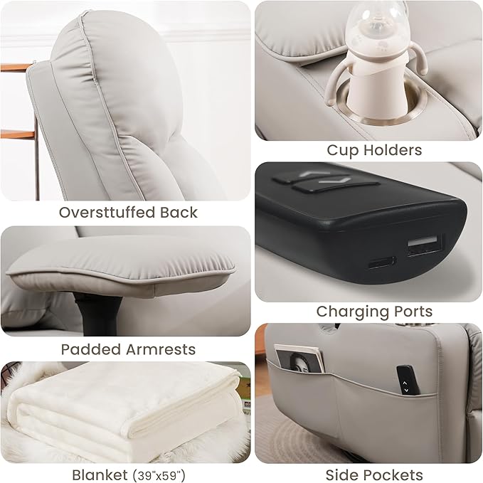 GRAINELL Rocking Chair Nursery, Electric Swivel Recliner Glider with Adjustable Armrests, Nursing Chair with USB Charger, Cup & Blanket Holders,Grey PU Leather