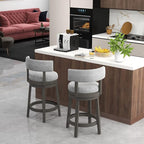 COSTWAY Bar Stool Set of 2, 27-inch 360° Swivel Barstool with Upholstered Back & Seat, Solid Rubber Wood Legs & Footrest, Farmhouse Counter Height Chair for Home, Bar, Cafe, Grey (2, Seat height 27‘’)