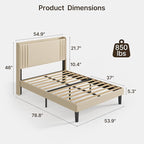Gizoon Full Bed Frame with Charging Station and LED Lights,Upholstered Wingback Platform Bed with Wooden Slats,Noise-Free,No Box Spring Needed
