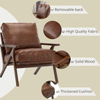 Wahson Brown Leather Accent Chair Mid Century Modern Chair, Retro Upholstered Armchair with Wood Frame and Removable PU Cushions, Large Compfy Leisure Slipper Chair for Living Room/Bedroom