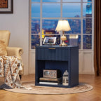 LEYAOYAO Fluted Nightstand with Charging Station, 23" Wide 1 Drawers Night Stand,Blue End Table with Open Storage,Farmhouse Bed Side Tables, Wood Dresser for Bedroom, Living Room, Closet