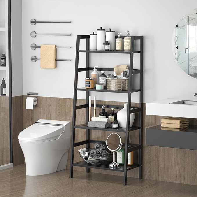 Homykic Bamboo Bookshelf 4-Tier Ladder Shelf, 49.2” Freestanding Open Bookcase Book Shelf Bathroom Storage Shelf Unit Plant Stand for Small Space, Living Room, Bedroom, Home Office, Black