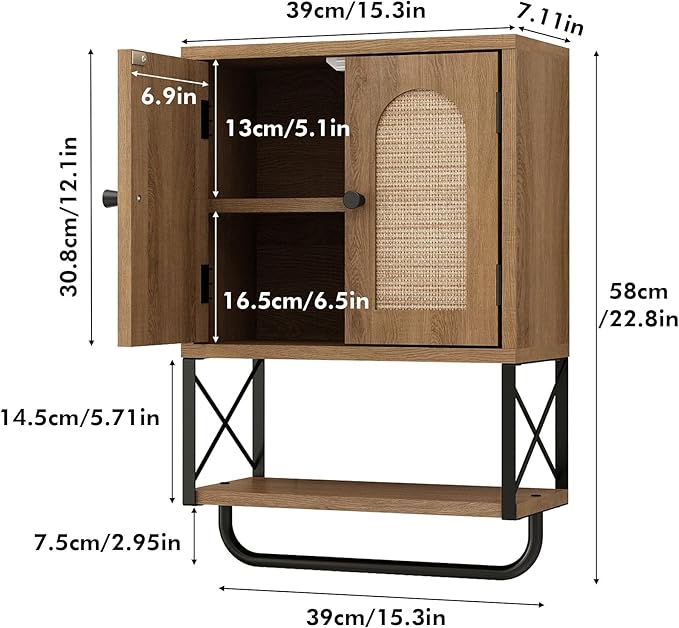 RUSTOWN Rattan Bathroom Wall Cabinet, Boho Over The Toilet Storage Cabinet with Arched Rattan Doors, Modern Medicine Cabinet with Adjustable Shelves & Towel Bar, Bathroom Organizer(Rustic Oak, Small)