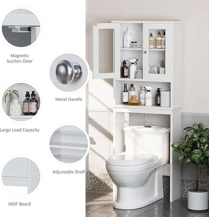 Meilocar Over The Toilet Storage Cabinet, Bathroom Storage Cabinet Over Toilet, Space Saver W/Adjustable Shelf & Open Shelf, White