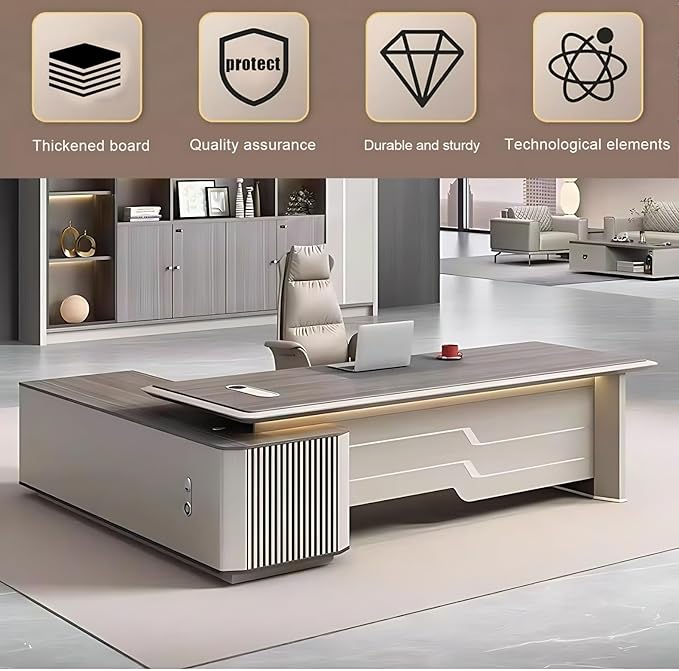 86IN Executive Office Desk - Large Office Desk L Shaped Computer Desk with 2 Drawers & Grille Design | Thickened Countertop & Large Capacity Side Cabinet Storage & Metal Cabinet Handle