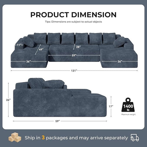 131'' Modular Sectional Cloud Sofa, U-Shaped Boneless Couches with Chaise Lounge Deep Seat with 8 pcs Pillows, Fluffy Memory Foam(No Assembly Required)