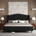 Belffin Queen Bed Frame with Headboard, Luxury Upholstered Velvet Platform Bed with Wingback, Button Tufted & Nailhead Trim, Anti-Slide Tall Footboard, No Box Spring Needed, Noise-Free, Black