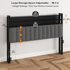 VINGLI Full Size Headboard Only, Adjustable Upholstered Headboard with 3 Tier Shelves and Pegboard with Charging Stations and LED Lights, Modern Bed Headboard with Storage for Bedroom Decor