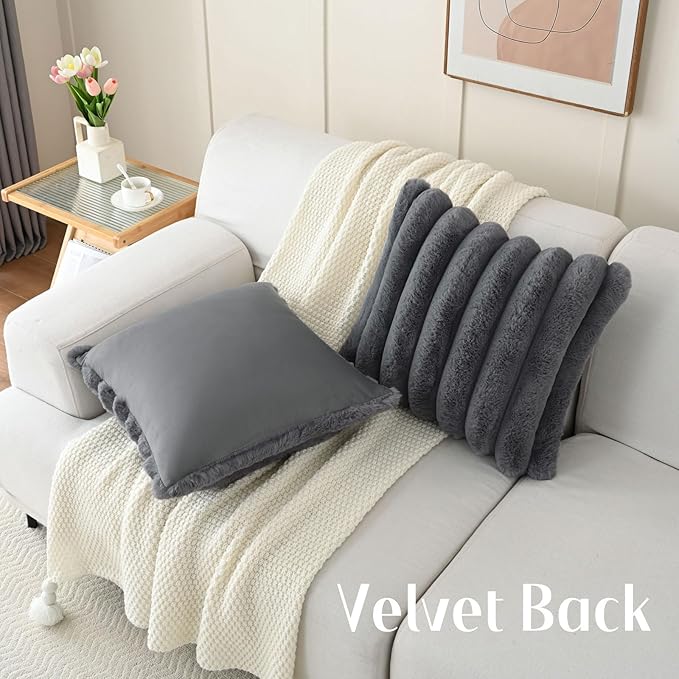 FUTEI Dark Grey Decorative Throw Pillow Covers 22x22 Inch Set of 2, Square Soft Faux Rabbit Fur Big Striped Cushion Cover,Home Decor for Couch Sofa Bed Living Room