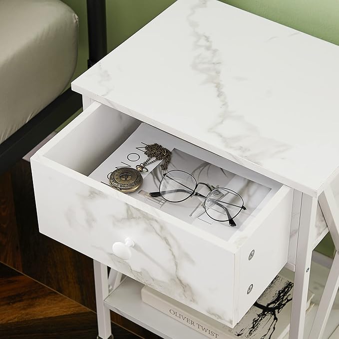VECELO End Tables, Modern Nightstand with Drawer & Shelf, Night Stand for Bedroom Living Room,Industrial Metal Frame
