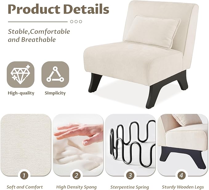 Set of 2 Upholstered Armless Accent Chair,Modern Comfy Living Room Chairs with Wooden Legs& Pillows,Lounge Sofa Side Chair for Bedroom Farmhouse Reading (Beige, 2 PCS)