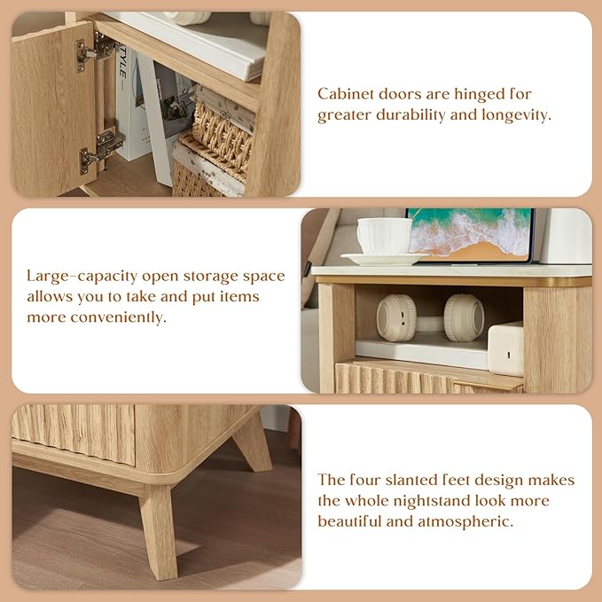 QUW Fluted Nightstands with Charging Station, 18" Modern Side Table, Wooden Bedside Table with Faux Marble Top, Open Storage, Cabinet, End Table for Bedroom, Living Room, Natural Oak