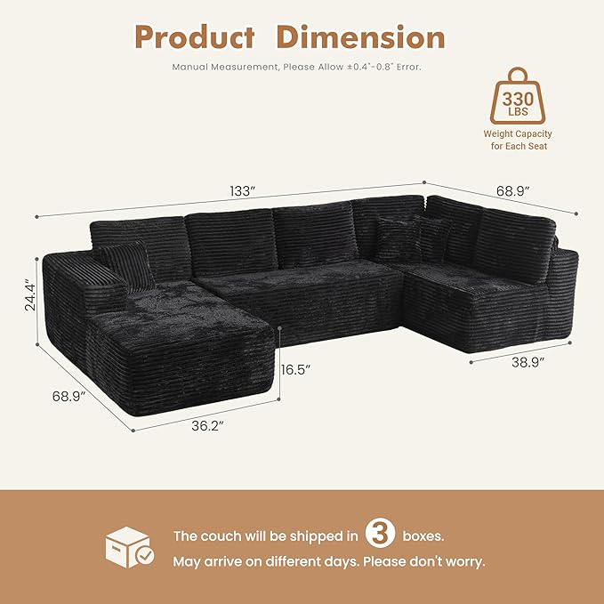 Oversized U Shaped Boneless Sectional Cloud Couch, 133.1'' Modular Sofa with Chaise, Deep Seat Plush Corduroy Couches for Living Room, No Assembly Required,Plush Corduroy,Black