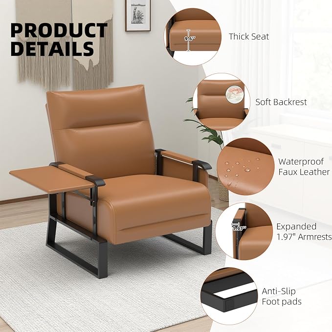 Upholstered Accent Chair, Modern Faux Leather Sofa Chair with Foldable Side Tray Table & Storage Pocket, Small Accent Sofa for Living Room, Bedroom, Reception Room, Brown