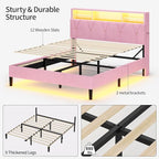 Queen Bed Frame with Storage Headboard,Power Outlet, Modern Velvet Upholstered Platform Bed LED Bed Frame with 5 Storage Shelves, No Box Spring Needed, Pink