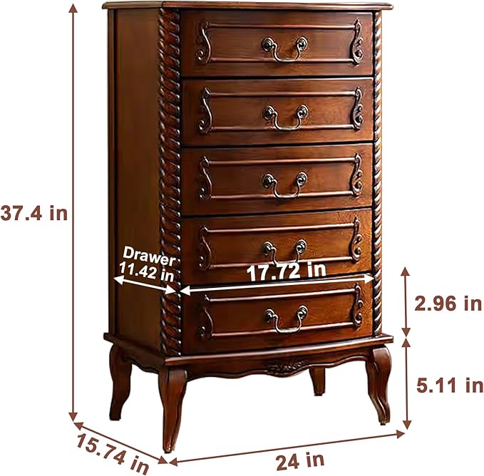 Fully Assembled Solid Wood 5 Drawer Dresser for Bedroom Tall Chest of Drawers Wood Storage Dresser with Metal Handle for Living Room Hallway Entryway, 15.74" D x 24" W x 37.4" H, Walnut