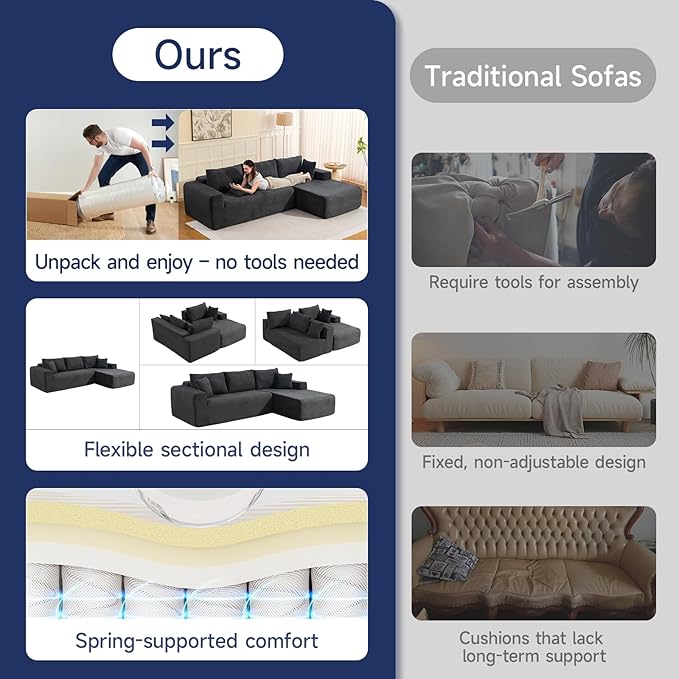 2025 New 108" Cloud Couch Sectional, Modular Sectional Sofa with L-Shaped Chaise, Deep Seat Sectional Modular Couch for Living Room, No Assembly Required (Gray, Right Facing Chaise)