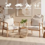 Modern Living Room Chairs, Accent Chairs Set of 2 with Coffee Table, Comfy Arm Chair with Cushions, Rattan Reading Lounge Chair with Metal Frame, Armchair for Bedrooom/Indoor/Outdoor, Beige