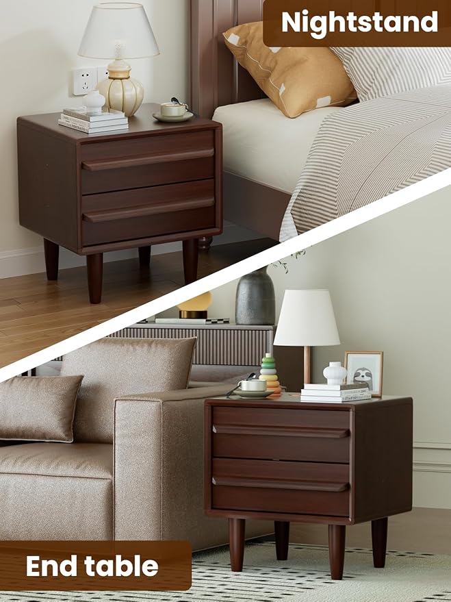 Solid Oak Wood Nightstand, Mid-Century Modern Bedside Table with 2 Drawers, Curved Profile End Table with Storage & Solid Wood Feet for Bedroom, Easy Assembly, Dark Walnut Color (15.7"Dx17.7"Wx21.6"H