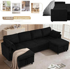 110" Corduroy Pull Out Sofa Bed w/Adjustable Backrests, Sectional U-Shape Sleeper Sofa w/Storage Chaise, Convertible Couch Bed w/USB Charging Port & Cup Holders for Living Room, House, Black