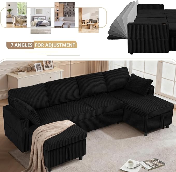 110" Corduroy Pull Out Sofa Bed w/Adjustable Backrests, Sectional U-Shape Sleeper Sofa w/Storage Chaise, Convertible Couch Bed w/USB Charging Port & Cup Holders for Living Room, House, Black