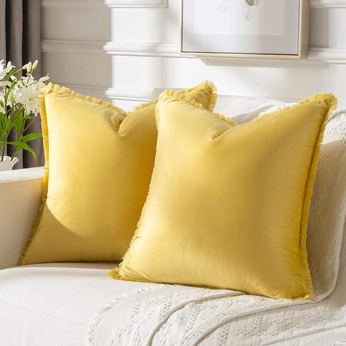 FUTEI Lemon Yellow Velvet Decorative Throw Pillow Covers 24x24 Set of 2,Soft Cozy Edge with Tassels European Cushion Case,Boho Modern Home Decor for Couch Bed Living Room