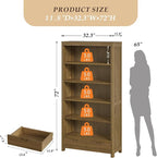 TVU 5-Tier Solid Wood Bookshelf with 2 Drawers, 72-inch Tall Standing Bookcase, 17.7" Wide Open Display Shelf for Living Room, Study, Office Storage, Deep Wood Color (72" H × 32.3" W × 11.8" D)