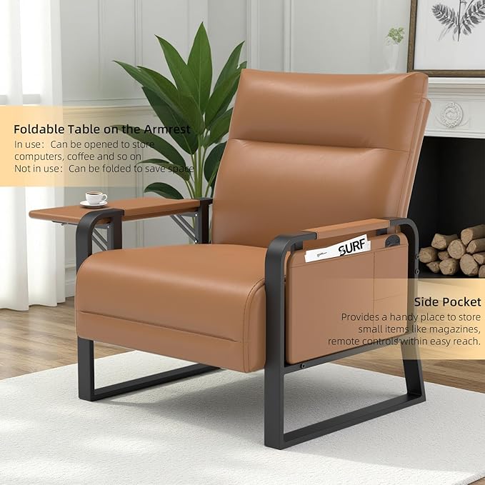 Faux Leather Accent Chair with Flip Up Tray Table Soft Backrest Side Pocket for Living Room Office Bedroom Leather Accent Chair, Brown