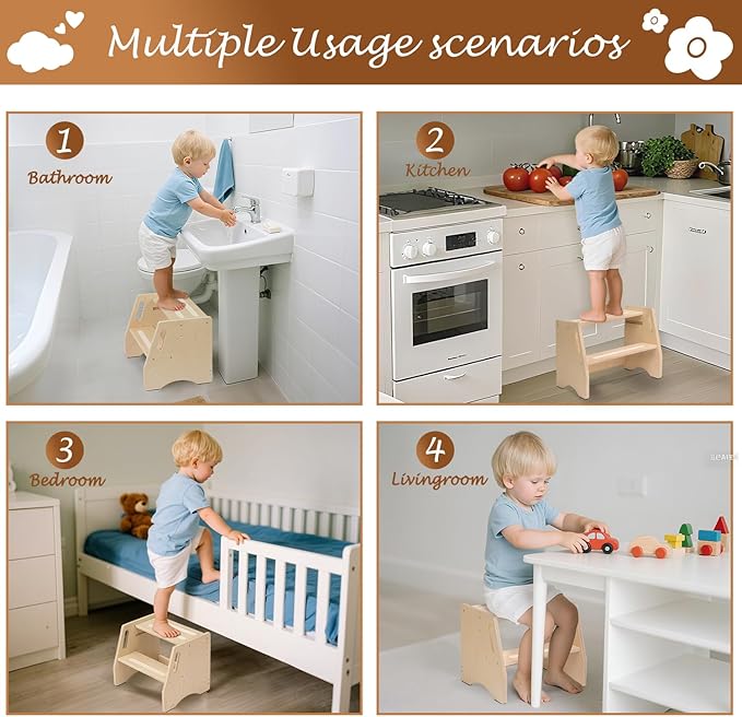 Step Stool for Toddlers & Kids - Wooden Height Adjustable Kids 2 Step Stool with Safe Non-Slip Pads - Potty Training Stool for Bathroom Sink, Bedroom,Kitchen Dual Height Step Stools for Kids(Natural)