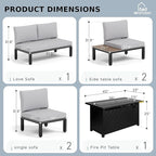 MFSTUDIO 6 Pieces Outdoor Patio Furniture Set with Fire Pit Table, Metal Outdoor Sectional Sofa Conversation Set for Backyard,Garden