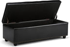 SIMPLIHOME Hamilton 48 inch Wide Transitional Rectangle Storage Ottoman in Midnight Black Vegan Faux Leather, Assembled, For the Living Room, Entryway and Family Room