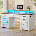 60'' Farmhouse Executive Desk with Drawers, Home Office Desk with Power Outlet & LED Light, Wood Computer Desk with Monitor Stand, Locking File Drawer, Glass Storage Cabinet, Hooks, White