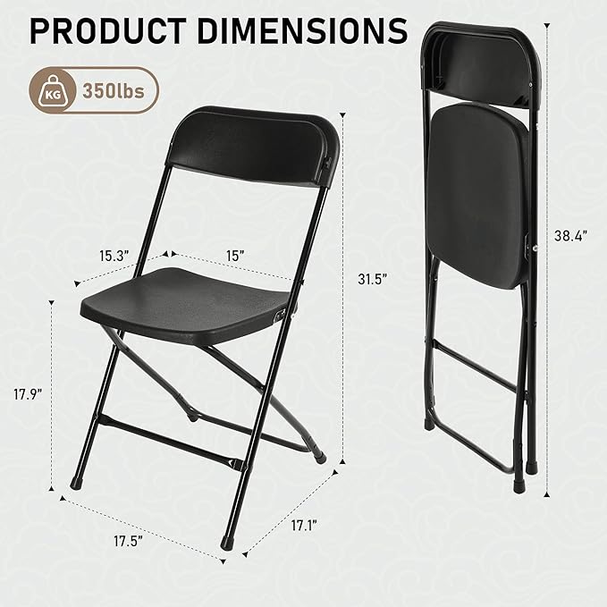 SEALAMB 6 Pack Black Plastic Folding Chairs for Indoor Outdoor, Portable Commercial Seat with Steel Frame for Home Office Wedding Party Events, 350lb Capacity (Black-Plastic, 6 Pack)