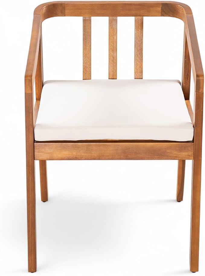 Christopher Knight Home Lucid Set of 2 Outdoor Dining Chair, Acacia Wood Frame Dining Chairs, Accent Chair Set with Comfortable Cushions, Patio Armchair for Backyard Poolside Garden, Natural + Beige