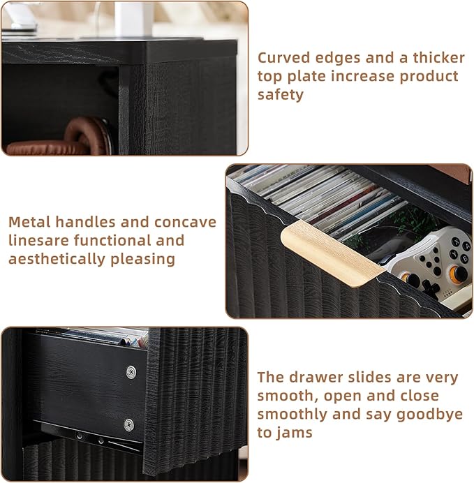 LEYAOYAO Fluted Farmhouse Nightstand Set of 2 with Charging Station, 23" Wide 2 Drawers End Table,Black Dresser for Bedroom,Bed Side Table Chest of Drawers Cabinet,Wood Night Stand for Living Room