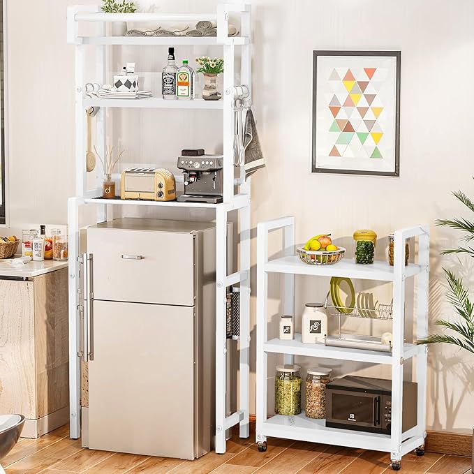 Recaceik 6-Tier Over The Toilet Storage Shelf with Cart, Freestanding Above Toilet Shelf Rack, Farmhouse Bathroom Organizer Shelves, Space Saver (White)