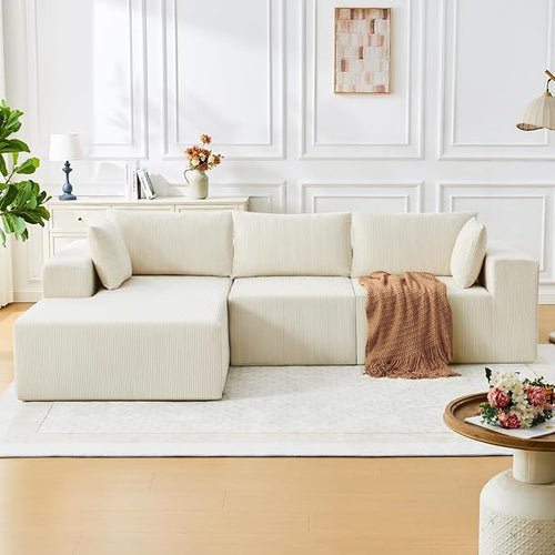 109" Cloud Sectional Couch, Boneless Couches for Living Room, Modular Sectional Sofa with Deep Seat, L-Shape Couch with Chaise, Comfy Corduroy Fluffy Modern Modular Sofa, No Assembly Required, Beige