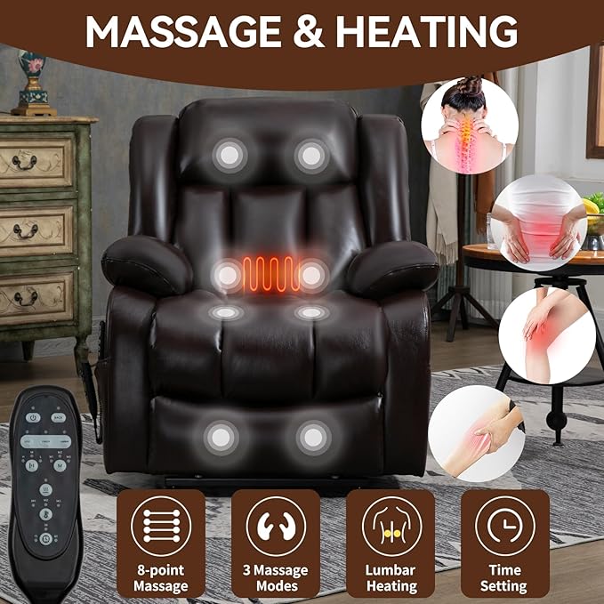 Luxlen Electric Power Lift Recliner Chair with Vibration Massage and Heat, Faux Leather Reclining Chairs for Elderly with Remote Controls, Side Pockets, Big and Tall Recliner, Brown