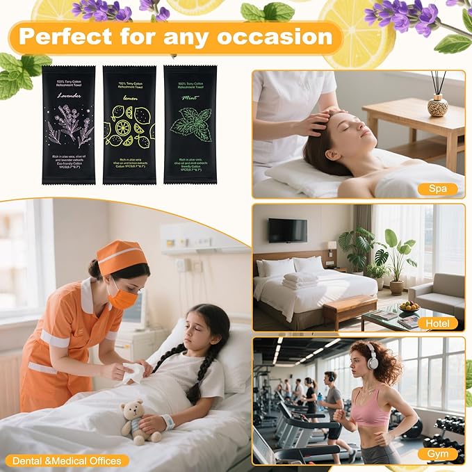 Moist Cotton Towel Bulk Moist Towelettes Individually Wrapped 8.7" x 8.7",White Towel Services,Refreshment Pre Moistened Towels Lavender, Lemon and Mint for Sport Party Spa （pack of 30)