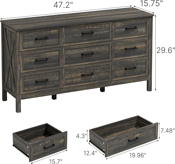 LYNSOM Farmhouse 9 Drawers Dresser for Bedroom, Wood Rustic Wide Chest of Drawers with Deep Drawers, Metal Handle, Storage Dressers Organizer for Entryway, Hallway, Dark Rustic Oak