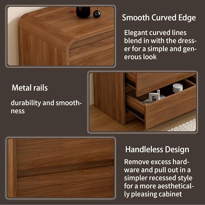 6 Drawer Dresser For Bedroom 47 Inch Wood Chest of Drawers - Curved Anti Collision, Mid Century Dresser For Closet with Natural Texture & Pre-Embedded Slots for TV Stand, Living Room, Nursery