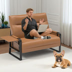 Faux Leather Loveseat, Upholstered Loveseat with Side Tray Table & Storage Pocket, Small Loveseat for Living Room, Modern 2 Seater Sofa Couch for Small Spaces, Bedroom, Brown