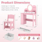 HONEY JOY Kids Vanity with Lights and Open Bookshelf, Cloud Princess Makeup Dressing Desk, Drawers, Wooden Pretend Play Toddler Vanity Table & Chair Set with Lighted Mirror for Little Girls (Pink)