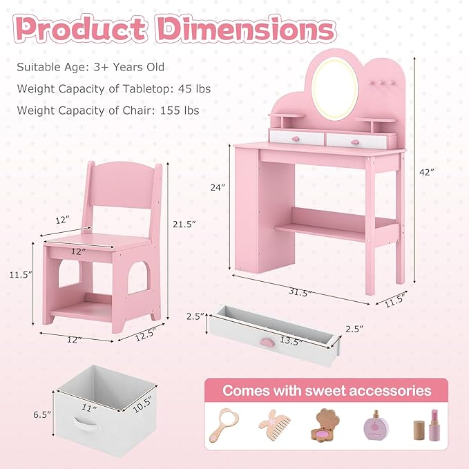 HONEY JOY Kids Vanity with Lights and Open Bookshelf, Cloud Princess Makeup Dressing Desk, Drawers, Wooden Pretend Play Toddler Vanity Table & Chair Set with Lighted Mirror for Little Girls (Pink)