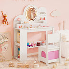 Costzon Kids Vanity, Girls Vanity Set with Lighted Mirror, Bookshelf, Drawers, Hooks & Storage Shelves, Toddler Makeup Vanity Desk Dressing Table, Wooden Kids Vanity Table and Chair Set (White)