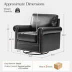 HULALA HOME Swivel Accent Chair Genuine Leather Barrel Rocker Chair with Metal Base Transitional Armchair Padded Round Armrest, Black