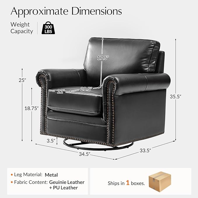 HULALA HOME Swivel Accent Chair Genuine Leather Barrel Rocker Chair with Metal Base Transitional Armchair Padded Round Armrest, Black