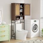 Rattan Toilet Storage Cabinet, Over The Rack Wood Cabinet with Metal Stand, Bathroom Organizer with Adjustable Shelf, Space Saving Cupboard for Small Bathrooms, Washer Shelf, Dark Brown